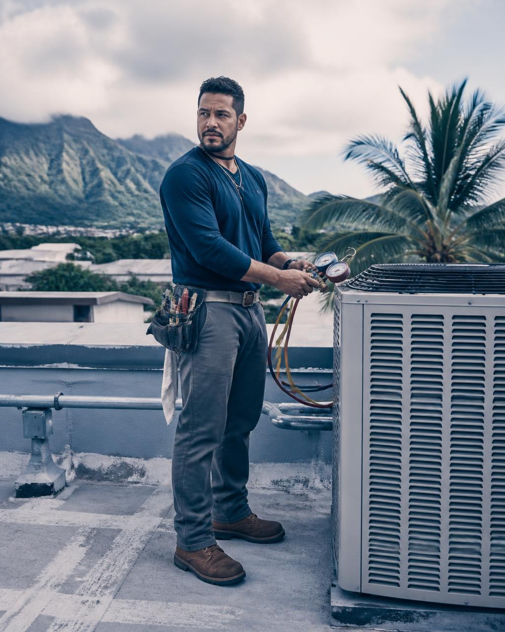 Técnico de HVAC puertorriqueño con ropa de trabajo dando servicio a un condensador en la azotea con luz natural