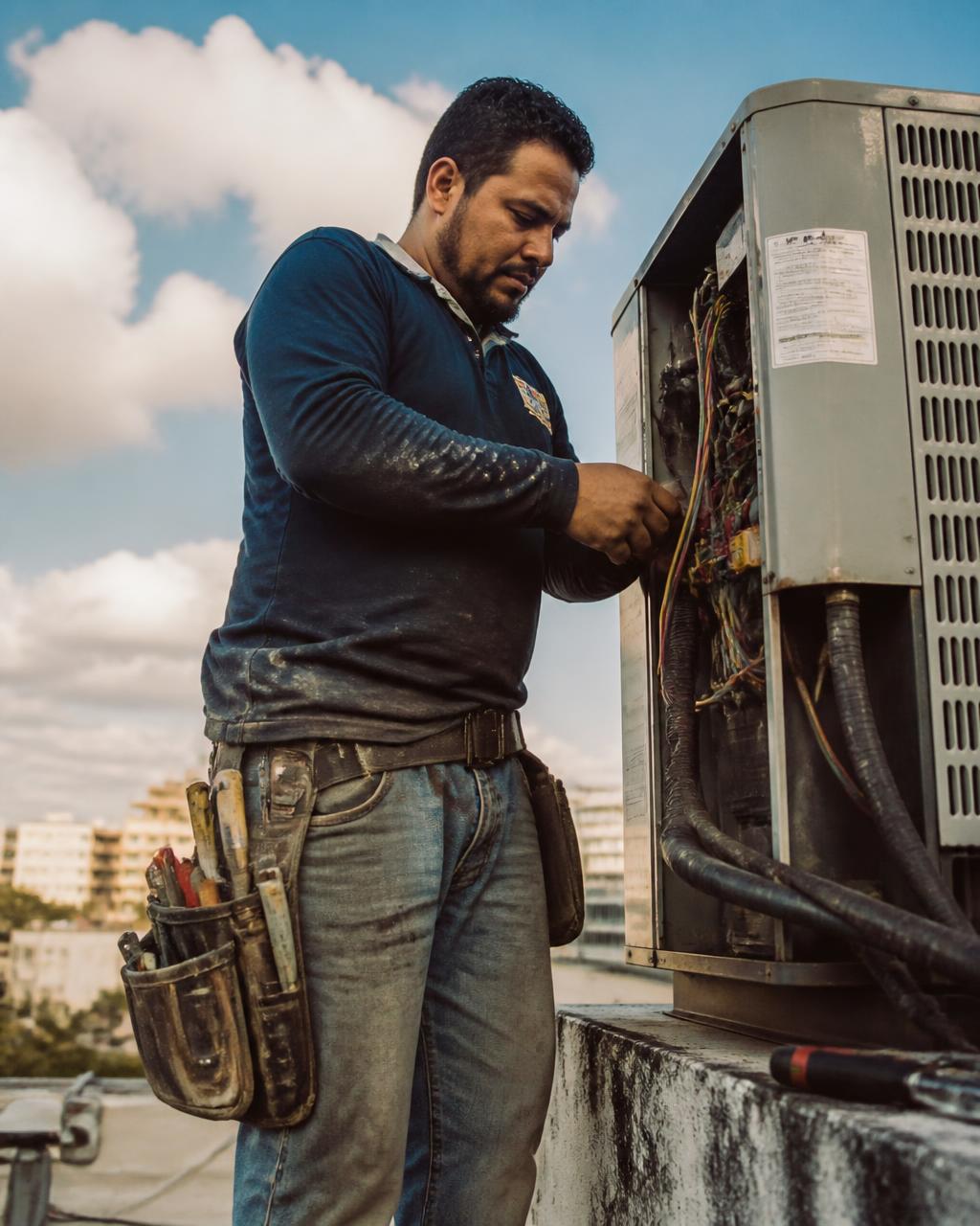 Técnico de HVAC puertorriqueño con ropa de trabajo dando servicio a un condensador en la azotea con luz natural